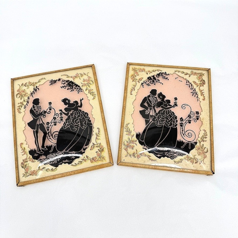 VTG Reverse Glass Silhouette Art Pair Victorian Couple Decor Pink‎ 4x5